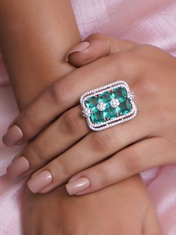 Adwitiya - Rhodium Plated Ad Stone and Turquoise Studded Adjustable Ring