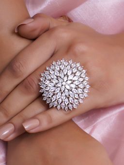 Adwitiya - Rhodium Plated Ad Stone Studded Flower Shape Adjustable Ring