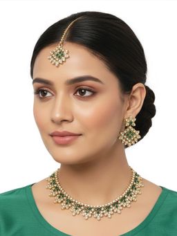 I Jewels - Gold Plated Traditional Green Stone Studded Jewellery Set