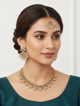 I Jewels - Gold Plated Traditional Pink Stone Studded Jewellery Set