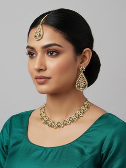 I Jewels - Gold Plated Traditional Green Stone Studded Jewellery Set