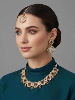 I Jewels - Gold Plated Traditional Wine Stone Studded Jewellery Set