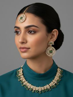 I Jewels - Gold Plated Traditional Green Stone Studded Jewellery Set