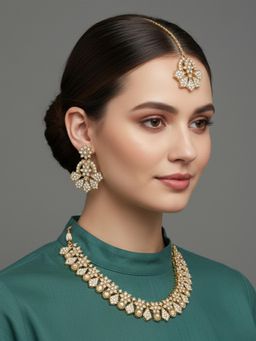 I Jewels - Traditional Gold Plated White Stone Studded Jewellery Set