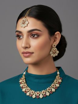 I Jewels - Traditional Gold Plated Pink Stone Studded Jewellery Set