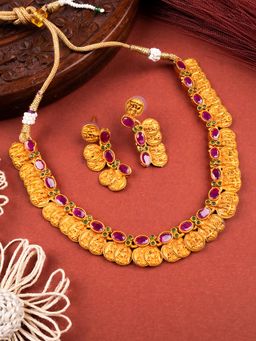STILEADDA - Gold Plated Pink and Green Kemp Laxmi Coin Necklace Set