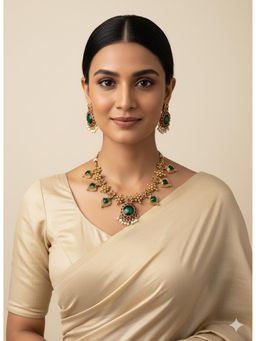STILEADDA - Gold Plated Green and Pink Floral Stone Jewellery Set