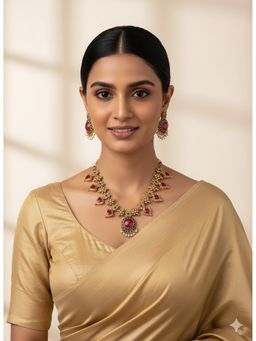 STILEADDA - Gold Plated Pink and Green Floral Stone Jewellery Set