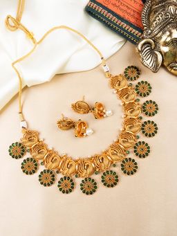STILEADDA - Elegant Green Copper Made Kemp Peacock Flower Motif Necklace Set