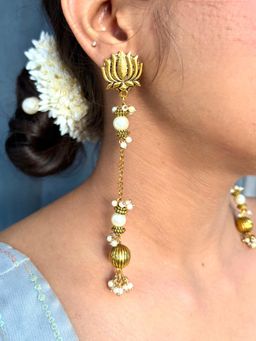 ISHKAARA - Lotus Floral with White Pearl Drop Earrings