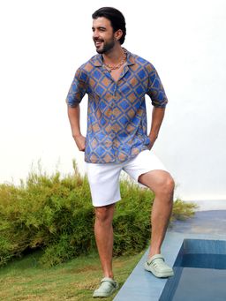 Campus Sutra - Men Royal Blue & Mocha Brown Geometric Block Oversized Shirt