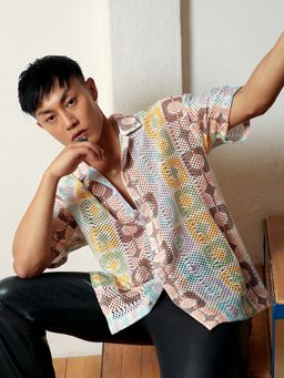 Campus Sutra - Men Lemon Yellow & Chocolate Brown Geometric Block Oversized Shirt