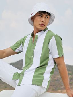 Campus Sutra - Men Pistachio Green & Ivory White Balanced Striped Shirt