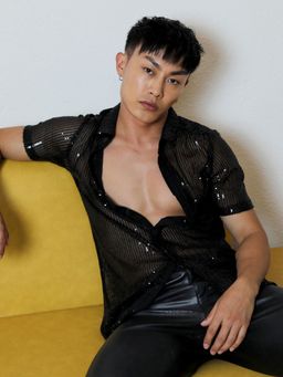 Campus Sutra - Men Onyx Black Sheer Sequin Shirt