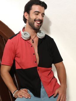 Campus Sutra - Men Crimson Red & Jet Black Maxi Colorblock Shirt