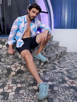 Campus Sutra - Men Sky Blue & Ivory White Marble Shirt