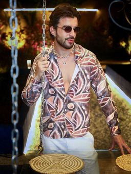 Campus Sutra - Men Charcoal Grey & Mocha Brown Marble Foliage Shirt