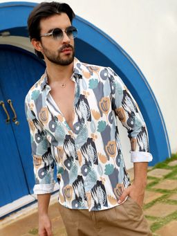 Campus Sutra - Men Prussian Blue & Sienna Brown Foliage Strokes Shirt