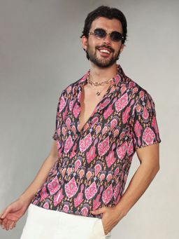 Campus Sutra - Men Midnight Black & Light Pink Ethnic Shirt