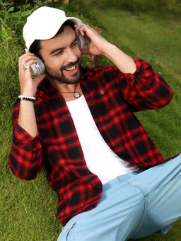 Campus Sutra - Men Midnight Black & Scarlet Red Brushed Buffalo Check Shirt