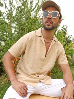 Campus Sutra - Men Beige Embroidered Geometric Shirt