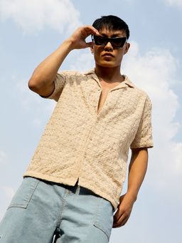 Campus Sutra - Men Beige Embroidered Flora Shirt