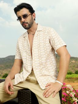 Campus Sutra - Men Off White & Tan Brown Embroidered Circular Shirt