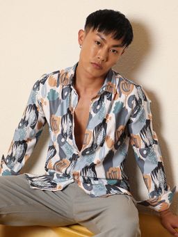 Campus Sutra - Men Prussian Multi Color Foliage Strokes Shirt