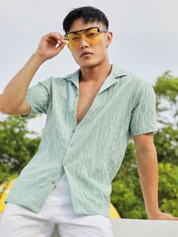 Campus Sutra - Men Sage Green Grain-Textured Shirt