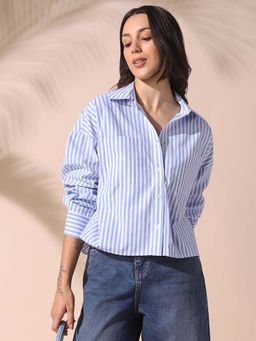 DL WOMAN - Light Blue Striped Spread Collar Drop Shoulder Relaxed Cotton Shirt