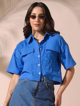 DL WOMAN - Blue Embroidered Half Sleeves Spread Collar Shirt