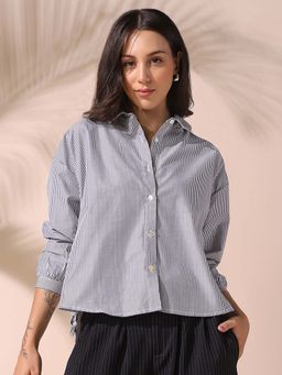 DL WOMAN - Black Striped Spread Collar Full Sleeves Relaxed Fit Tie-Up Shirt