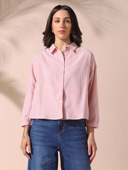 DL WOMAN - Pink Striped Spread Collar Full Sleeves Relaxed Fit Tie-Up Shirt