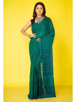 Unnati Silks - Green Pure Block Printed Superfine Mulmul Cotton Saree with Unstitched Blouse