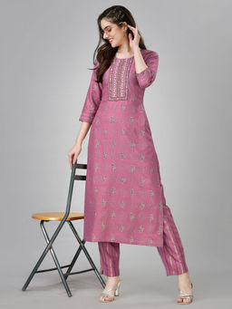 Odette - Purple Embroidered Rayon Kurta with Pant (Set of 2)