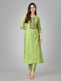 Odette - Light Green Embroidered Rayon Kurta with Pant (Set of 2)