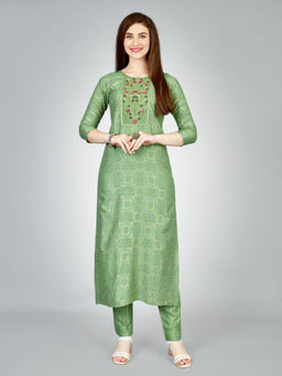 Odette - Light Green Embroidered Rayon Kurta with Pant (Set of 2)