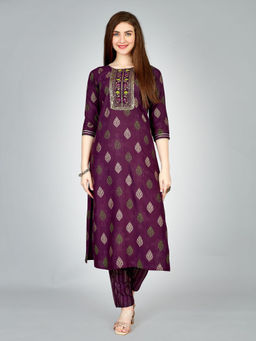 Odette - Purple Embroidered Rayon Kurta with Pant (Set of 2)