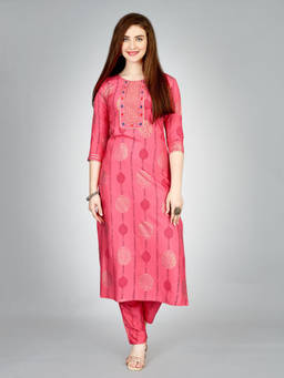 Odette - Pink Embroidered Rayon Kurta with Pant (Set of 2)