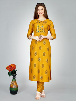 Odette - Yellow Embroidered Rayon Kurta with Pant (Set of 2)