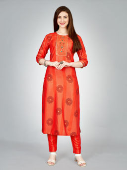 Odette - Orange Embroidered Rayon Kurta with Pant (Set of 2)