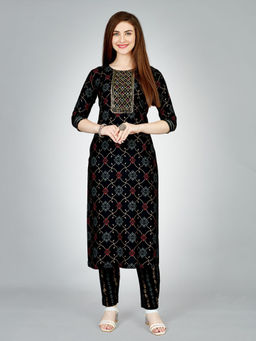 Odette - Black Embroidered Rayon Kurta with Pant (Set of 2)
