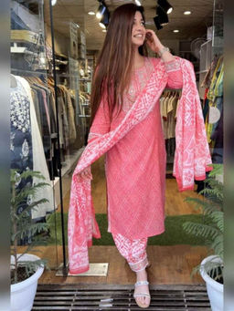 Odette - Pink Printed Cotton Kurta with Salwar and Dupatta (Set of 3)