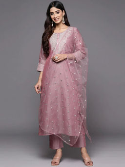 Odette - Mauve Embroidered Poly Silk Kurta with Pant and Dupatta (Set of 3)