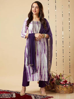 Odette - Purple Printed Viscose Kurta with Pant and Dupatta (Set of 3)