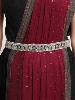 Karatcart - Oxidised Silver-Toned Kundan Studded & Pearls Beaded Kamarbandh for Women