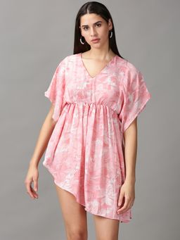 SHOWOFF - Womens Round Neck Above Knee Pink Printed Dress