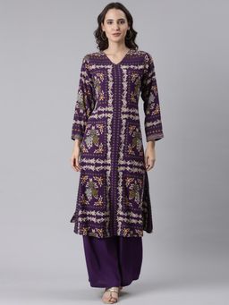 NEERU'S - Women Purple Floral Printed Kurta with Palazzo