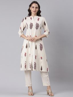 NEERU'S - Women White Casual Floral Kurta with Pant