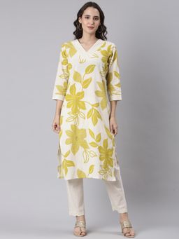 NEERU'S - Women Green V-Neck Floral Kurta with Pant